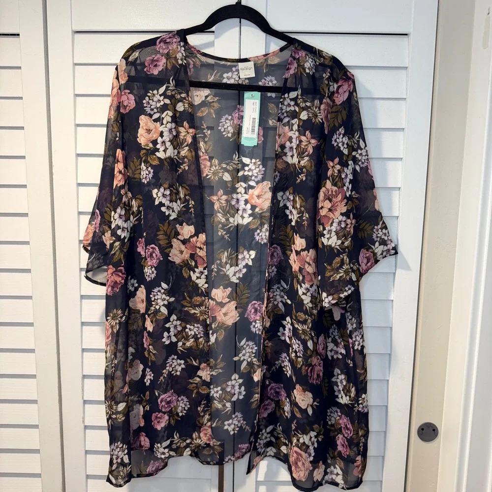Kaileigh Tinkham Open Kimono Navy Floral Sheer Chiffon XXL Stitch‎ Fix Boho New